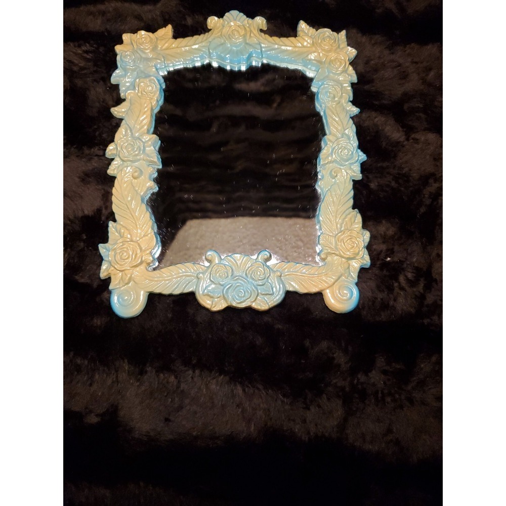 Vintage Cast Iron Vanity Mirror Ornate French Victorian Tabletop Turquoise/Beige